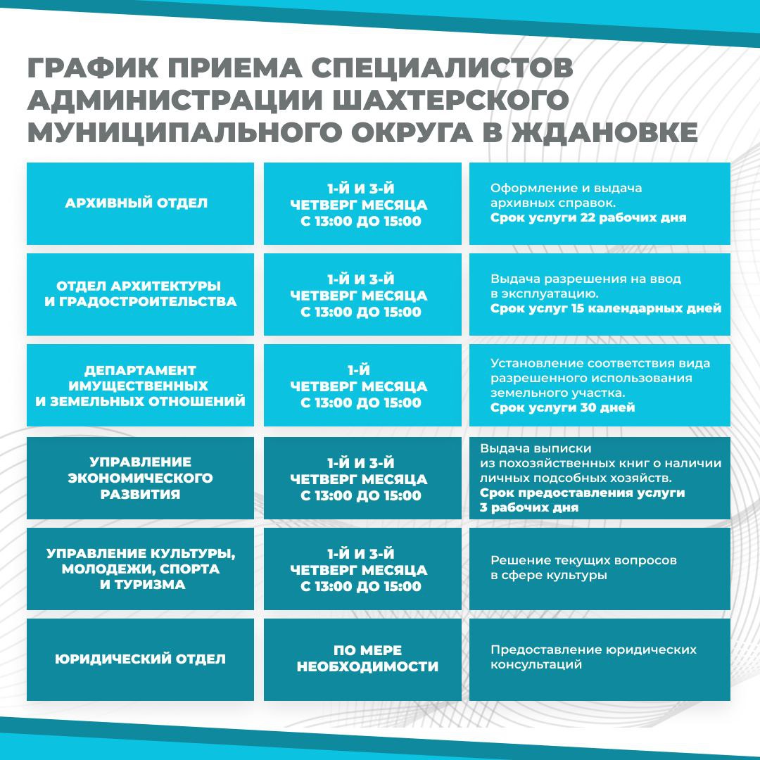 График приема специалистов Администрации Шахтерского муниципального округа в Ждановке.
